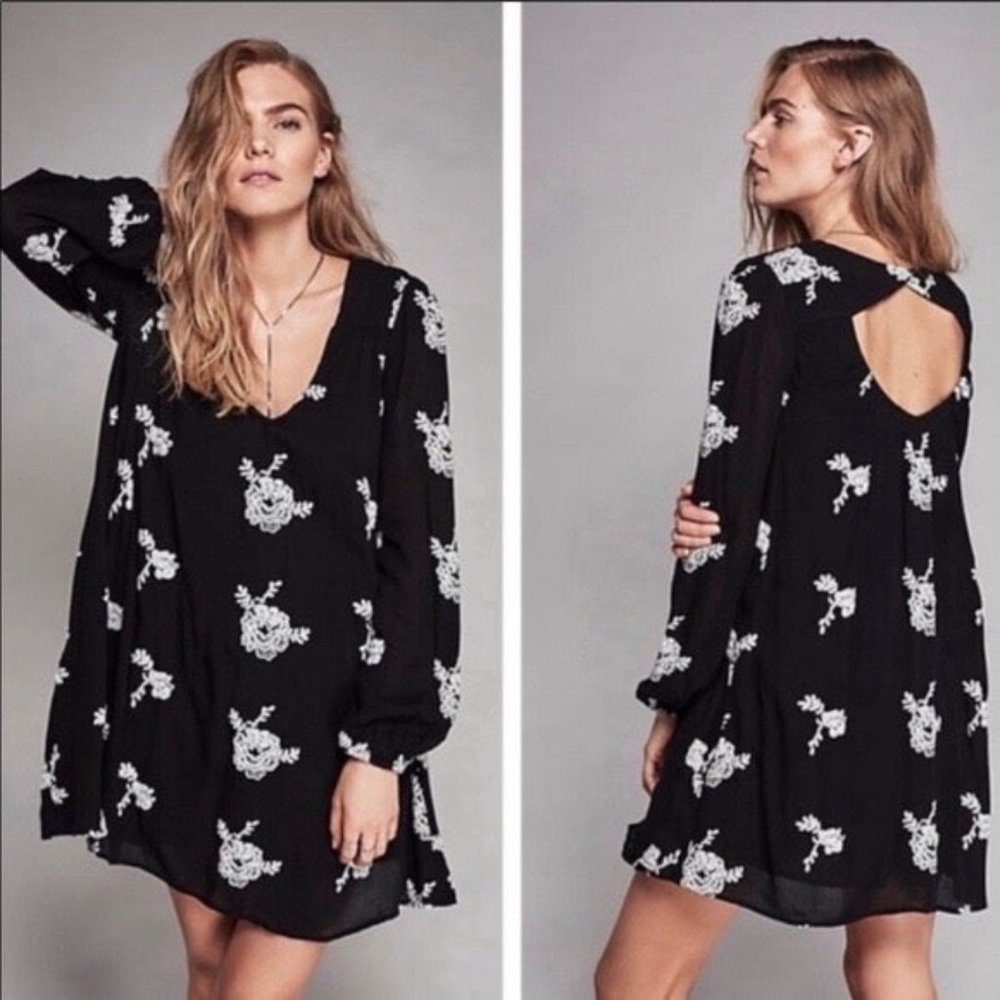 Free People Black Emma Embroidered Swing Dress